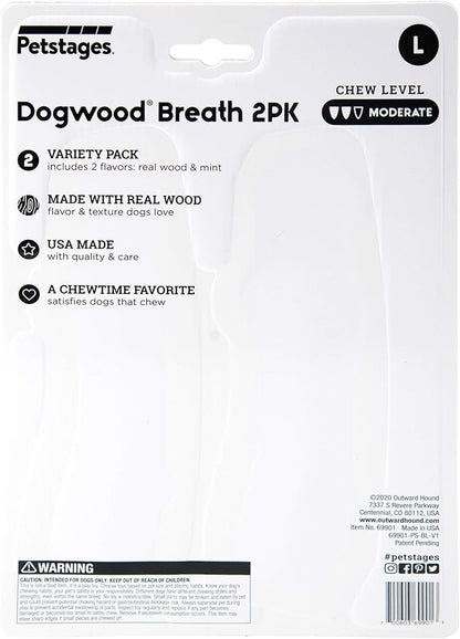 Pupstages by Petstages Dogwood Breath Dog Chew Toy – Real-Wood Blend, Moderate Chewers, Large, 8", 2-Pack (Natural & Mint Flavors)
