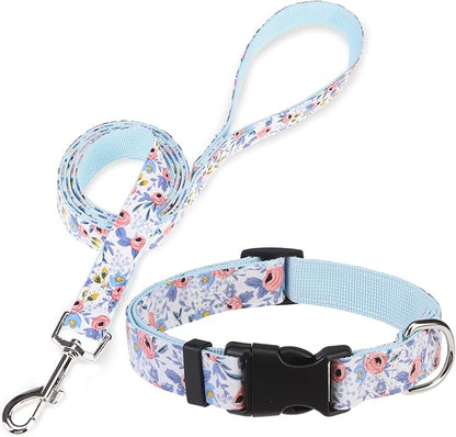 Dog Collar and Leash Set for Small Dogs, Adjustable Soft Puppy Collar with Quick Release Buckle, 5FT Heavy Duty Nylon Matching Leash for Boy Girl Chihuahua, Yorki, Bulldog, Blue S