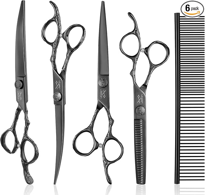 JASON Dog Grooming Scissors Set Professional 6 in 1 Dog Shears Kit - 6.5" Thinning, 7" Straight, 7" Up-Curved, 7" Down-curved Shears and Comb for Cat Pet with Adjustable Screw (Black) Christmas