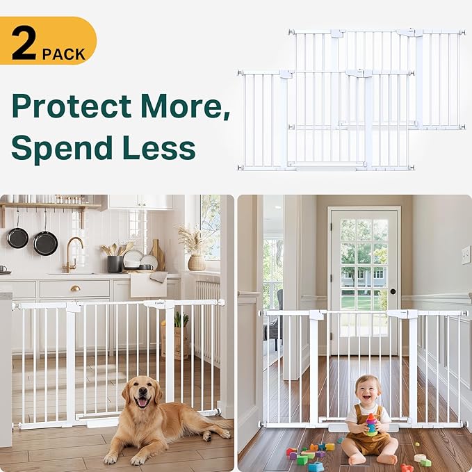 Cumbor 2 Pack 30-54" Baby Gate for Stairs, Dual Lock & Self-Closing Dog Gate for Doorways, Easy Install Pressure Mounted Pet Gates Indoor, Easy Walk Thru Wide Safety Proofing for Babies & Pets, White