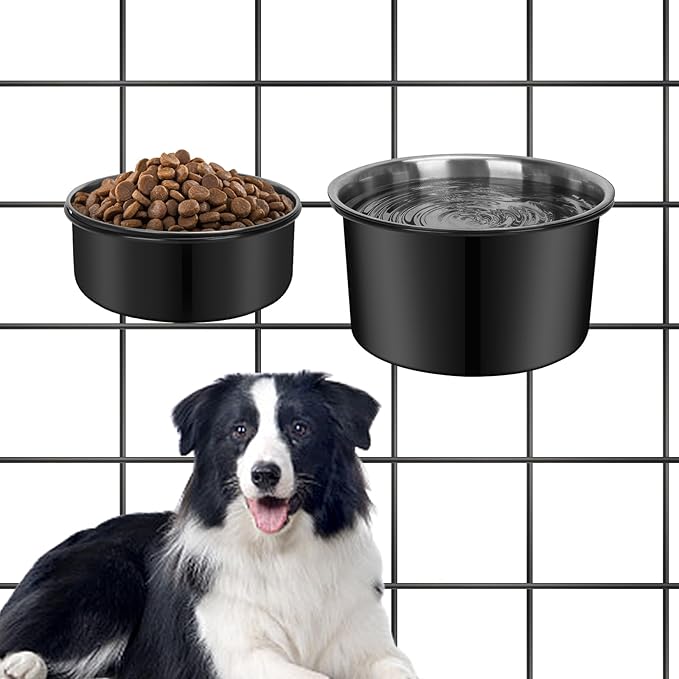 No Spill Water Bowl for Dogs, Sturdy Stainless Steel Dog Dishes 2 Pack with Dog Bowl Holder Hanging on Pet Cage Kennel Crate, Detachable Metal Food/Water Bowl Set for Medium/Large Dogs