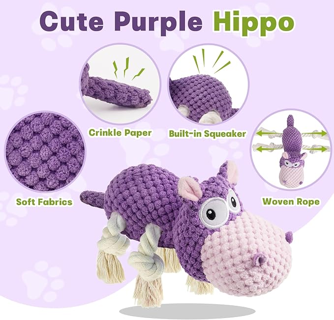 TOOPTATE Squeaky Dog Toy - Plush Interactive Chew Toy for Large, Medium and Small Dogs, Keeps Them Busy (Purple, Medium)