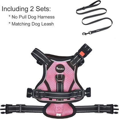 Petmolico No Pull Dog Harness and Leash Set, No Choke 4 Leash Attchments Easy Control Handle Soft Padded Reflective Vest Dog Harness for Medium Dog Breed, Pink Medium