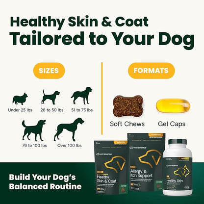 VetriScience Healthy Skin & Coat Chews, Derma Strength Omega-3 Salmon Oil Supplement for Dogs, Omega Skin and Coat Chews, Skin Health, Coat Growth, Veggie, 70 Count