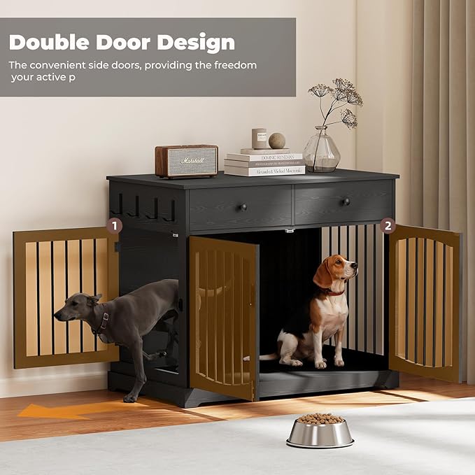 Dog Crate Furniture, Wooden Dog Kennel Furniture, Heavy-Duty Dog Crate End Table with Storage Drawers, Double Doors Decorative Pet Cage House Indoor for Small Medium Dog, 40Inch, Black