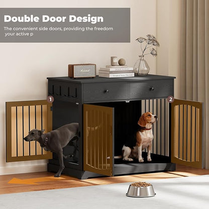 Dog Crate Furniture, Wooden Dog Kennel Furniture, Heavy-Duty Dog Crate End Table with Storage Drawers, Double Doors Decorative Pet Cage House Indoor for Small Medium Dog, 40Inch, Black