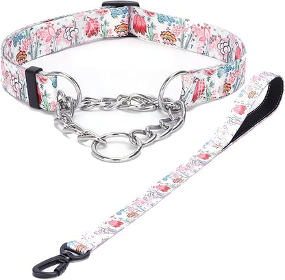 Martingale Dog Collar and Leash Set, Stainless Steel Chain, No Pull Training Collar with Flower Design, for Small, Medium, Large Dogs (NO26, L)
