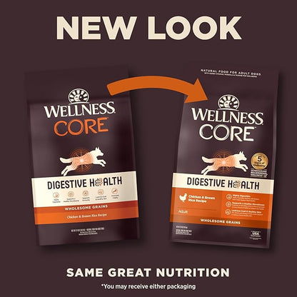 Wellness CORE Digestive Health Adult Dry Dog Food, Wholesome Grain Kibble, Sensitive Stomach, Natural, High Protein, Chicken Recipe, 24 lb Bag