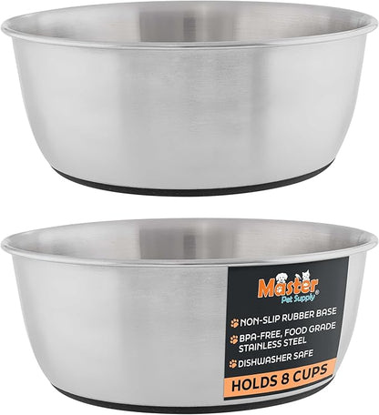 Master Pet Supply Stainless Steel Dog Bowls Set of 2 (64 Oz Each) with Non-Slip Rubber Base - Stainless Steel - Basic Dog Food Bowl Water & Food Bowls for Small Medium Large Dogs & Cats, Metal Dish