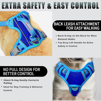 BARKBAY No Pull Dog Harness Large Reflective Dog Harness with Front Clip and Easy Control Handle for Walking Training Running with ID tag Pocket(Sapphire Blue & Blue,XS)