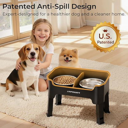 URPOWER Mess Proof Elevated Dog Bowls, High Wall Splash Guard Design, 4 Height Adjustable Raised Bowl Stand, 2 Stainless Steel Bowls, Non-Slip Food Water Set for Small Medium Large Dogs