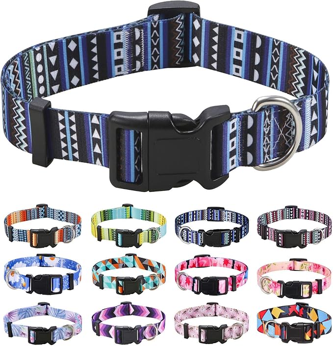 Mihqy Dog Collar with Bohemia Floral Tribal Geometric Patterns - Soft Ethnic Style Collar Adjustable for Small Medium Large Dogs（Bohemian Blue,M）
