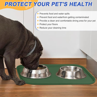 SMILOOL Silicone Pet Feeding Mat with Raised Edge for Food and Water, Dog Bowl Mats, Cat Bowls Placemat with High Lip for Floor Waterproof, Rubber Tray for Cats and Dogs 19 x 12 x0.7 Dark Olive