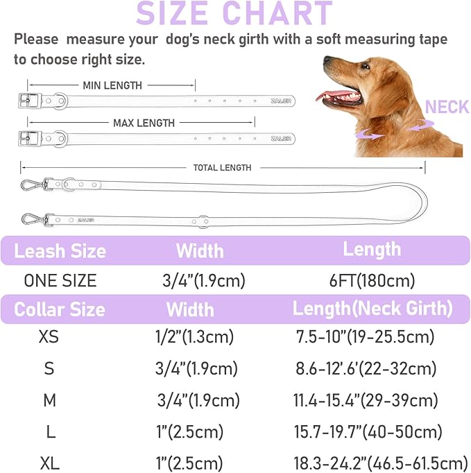 ZALER Dog Collar and Leash Set, Waterproof Adjustable Odor Proof Pet Collars Leashes Easy to Clean, 6FT Dog Leash with 2 Hooks for Large, Medium Small Dogs (L, Purple)