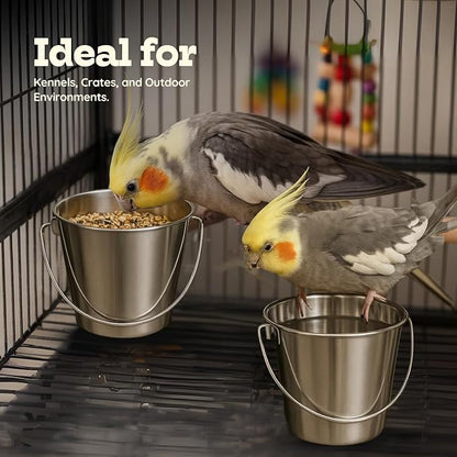 1 Quart Heavy Duty Stainless Steel Round Bucket with Handle | Fits kennel Cage Critter Crates Farm | Food & Water Pail for Small Pets Birds Dog Cat | Livestock Multipurpose use, Pack of 2