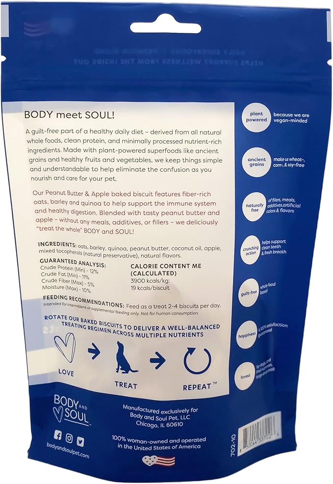 Body and Soul Peanut Butter + Apple Crunchy Premium Health Training Dog Treat Superfood Oven Baked Biscuits Oats, Barley & Quinoa – Clean Natural Plant Protein, No Additives No Filler Made in USA 10oz