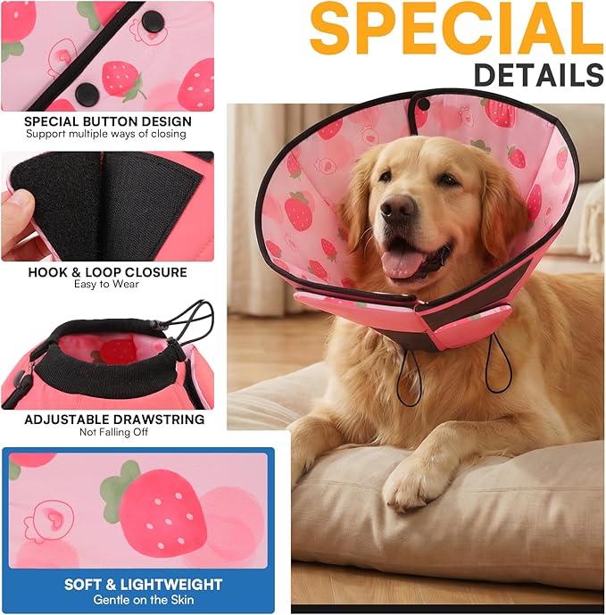 Queenmore Dog Cone, Dog Cones for Small Dogs, Adjustable Soft Cone for Dogs Recovery Collars & Cones, Comfortable Pet Cone After Surgery for Wound Healing, Strawberry S