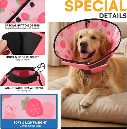 Queenmore Dog Cone, Dog Cones for Small Dogs, Adjustable Soft Cone for Dogs Recovery Collars & Cones, Comfortable Pet Cone After Surgery for Wound Healing, Strawberry S