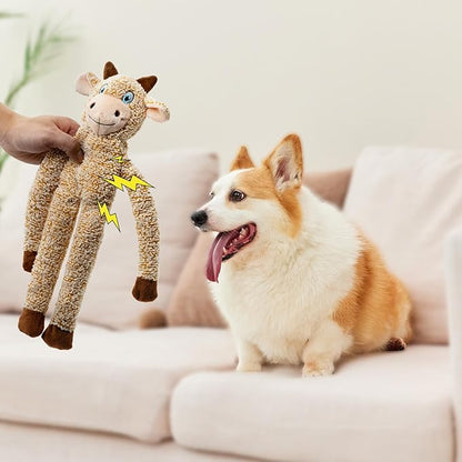 BUYPOW 2 Pack Dog Toys with Squeakers, Plush Teething Toys to Keep Them Busy, No Stuffing Crinkle Interactive Dog Animals, Cute Funny Dogs Gifts for Small Medium Large Breed (Raccoon Cattle)