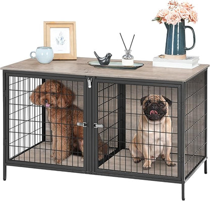 MAHANCRIS Dog Crate Furniture for 2 Dogs, 43.3" Dog Kennel with Removable Divider, Heavy Sturdy Dog Furniture Style Double Cage for Small Medium Dog, Indoor Pet House End Table, Greige DCHG1201