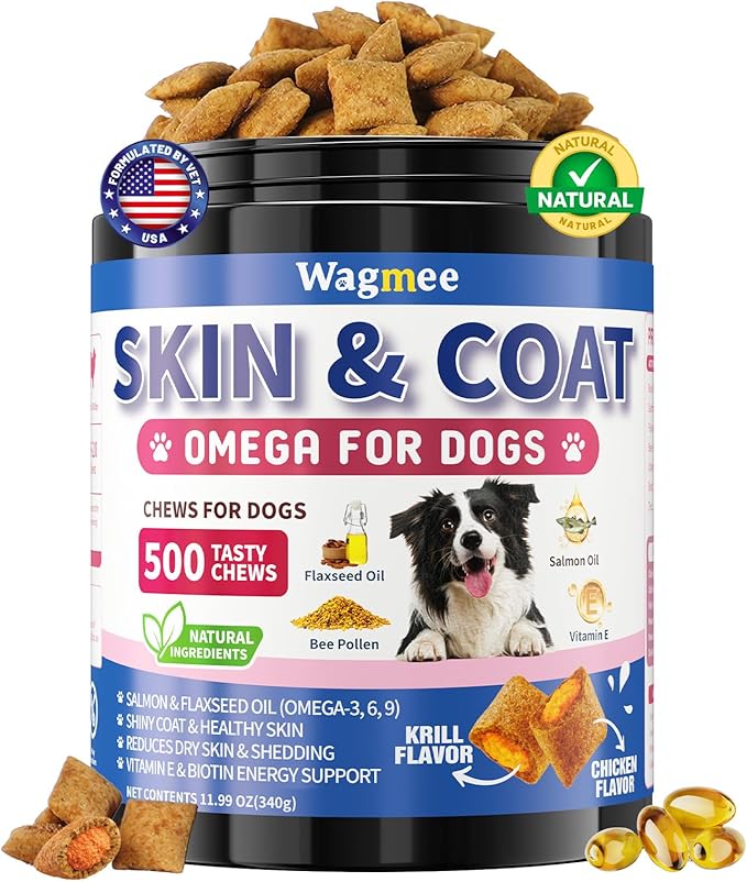 Omega 3 for Dogs, 500 Chews Skin & Coat Supplement for Dog, Salmon Flaxseed Fish Oil for Dogs, Dry & Itchy Skin Relief, Allergy Support Anti Shedding - Vitamin E- EPA & DHA - Chicken Krill Flavor
