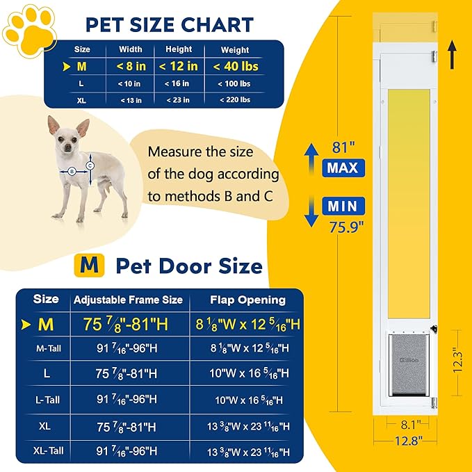 Medium Dog Door for Sliding Glass Doors, Adjustable Height 75 7/8" to 81", All-Metal Framed, Perfect for Medium Pets Up to 40 Pounds
