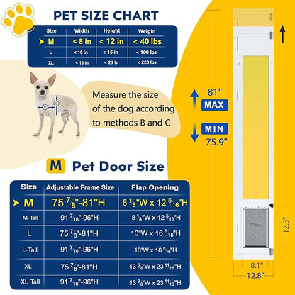 Medium Dog Door for Sliding Glass Doors, Adjustable Height 75 7/8" to 81", All-Metal Framed, Perfect for Medium Pets Up to 40 Pounds