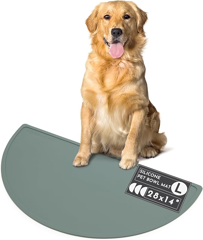 Should We Go - Waterproof Silicone Pet Food Mat - Non-Slip, Spill-Proof Feeding Mat for Floors, Raised Edge Design, Easy-to-Clean, Rubber Pad for Dog & Cat Bowls, 28" Across x 14" Deep, Large-Spruce