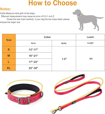 Annchwool Adjustable Dog Collar and 5FT Leash Set with Heavy Duty Metal Buckle–Comfortable Lining Reflective Collar & Dual-Handles for Small,Medium Large Dogs Walking,Running(Red Set,S:13''-17'')