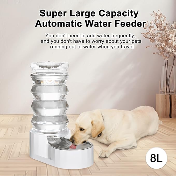 RIZZARI Gravity Dog Water Dispenser: 8L Large Auto-Refill Stainless Steel Pet Water Feeder - No-Spill BPA-Free Design for Large Dogs & Multi-Dog Homes - Everyday Indoor & Outdoor Spaces