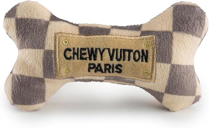 Haute Diggity Dog Chewy Vuiton Bone Plush Squeaky Dog Toy, Soft Durable Designer-Inspired Stuffed Puppy Chew Toys for Small & Medium Dogs, Machine-Washable (Tan Checker) Small