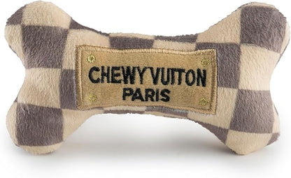 Haute Diggity Dog Chewy Vuiton Bone Plush Squeaky Dog Toy, Soft Durable Designer-Inspired Stuffed Puppy Chew Toys for Small & Medium Dogs, Machine-Washable (Tan Checker) Small