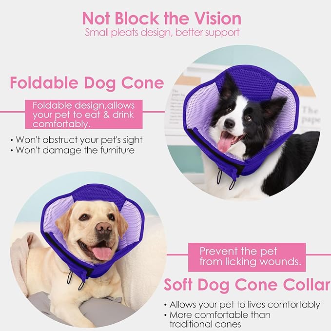 AOFITEE Dog Cone - Soft Cone for Dogs After Surgery, Comfy Cones for Large Dogs to Stop Licking, Adjustable Soft Dog Cone Collar, Elizabethan Pet E-Collar for Wound Healing, Purple Large