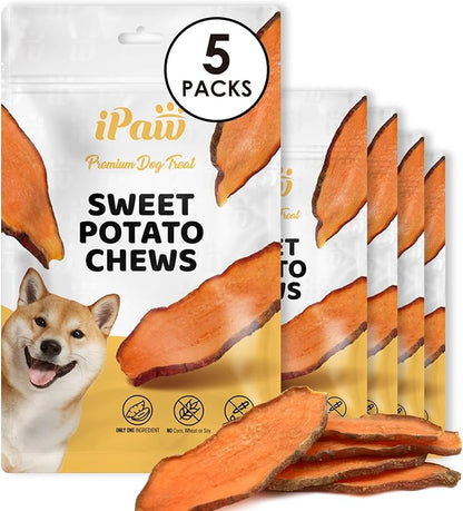 iPaw Sweet Potato Chews, Single Ingredient Dog Treats for Vegetarian, All Natural Human Grade Puppy Chew, Rawhide Alternative, Hypoallergenic, Easy to Digest, 5 Packs