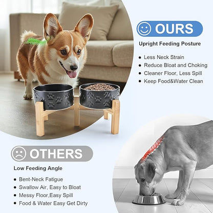 SPUNKYJUNKY Elevated Dog Bowls Ceramic, 6.1'' Dogs and Cat Food Water Bowls Raised with Non-Slip Bamboo Stand for Medium Sized Breed Microwave Dishwasher Safe - 28.7 OZ,Paw Black