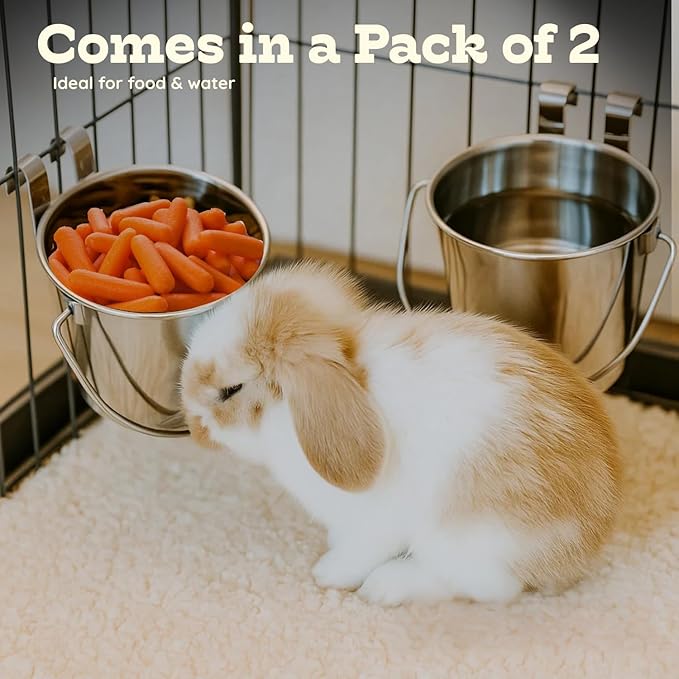 1 Quart Stainless Steel Flat Sided Bucket with Dual Hooks | 2 Pcs Durable Food & Water Bowl for Dog Cats Bird & Small Animals | Fits kennel Cage Crates Hanging Pet Pail | Multipurpose use
