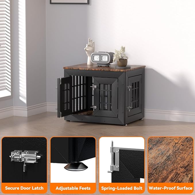 Snuowu 26" Heavy Duty Dog Crate Furniture for Small,Medium and Large Dogs,Rustic Wooden Dog Cage Kennel Indoor Furniture with Waterproof Top,Decorative Pet House Side End Table (Black & Wood)