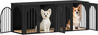 Hzuaneri 63" Dog Crate Furniture for 2 Dogs, Heavy Duty Indoor Dog Kennel TV Stand, L Wooden Dog Cage with Divider for Medium Large Dogs, End Table Dog Crate with Cushion, Black DFC80904B