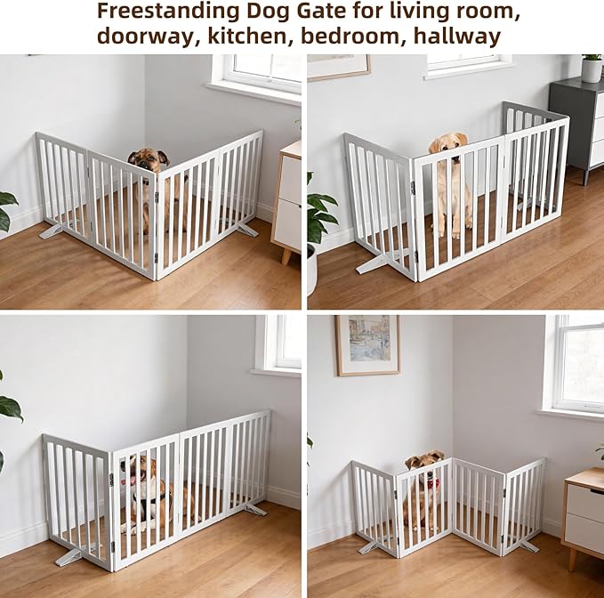 ZJSF Freestanding Indoor Dog Gate for House Foldable Wood White Puppy Gate for Doorways Pet Gate for Stairs Extra Wide Pet Fence 24" Height 4 Panels