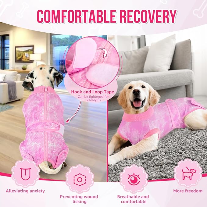 Lukovee Recovery Suit for Dogs, Zipper On Recovery Suit for Female Male Dog, Onesie Abdominal Wounds Cone E-Collar Alternative Prevent Licking Spay Recovery Suit (X-Small, Pink Tie-dye)