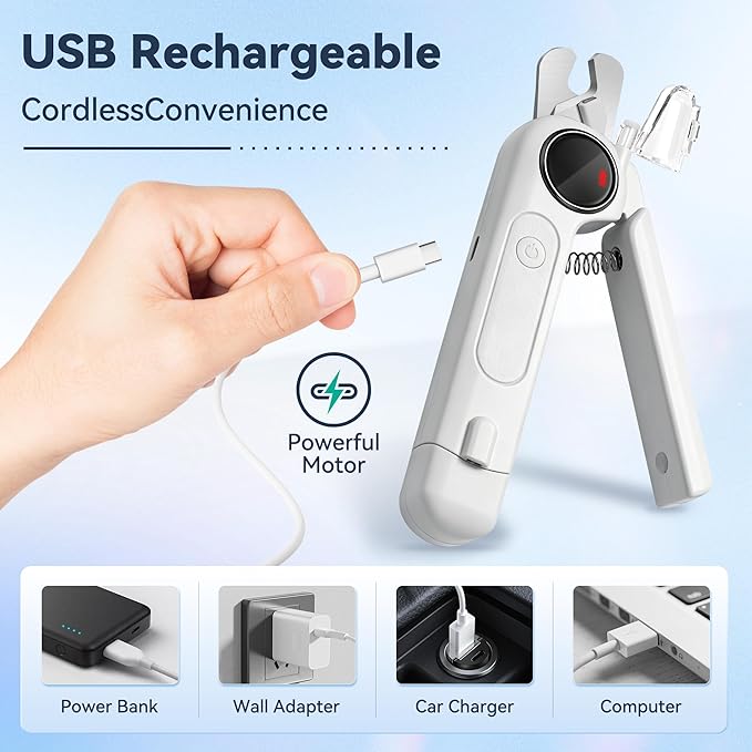 2-in-1 Dog Nail Clippers & Grinder with Light, Quiet Electric Pet Nail Trimmer for Large Medium Small Dogs & Cats, 3 Speeds, Rechargeable, Splash Guard & Safety Lock, Painless Grooming Tool (White)