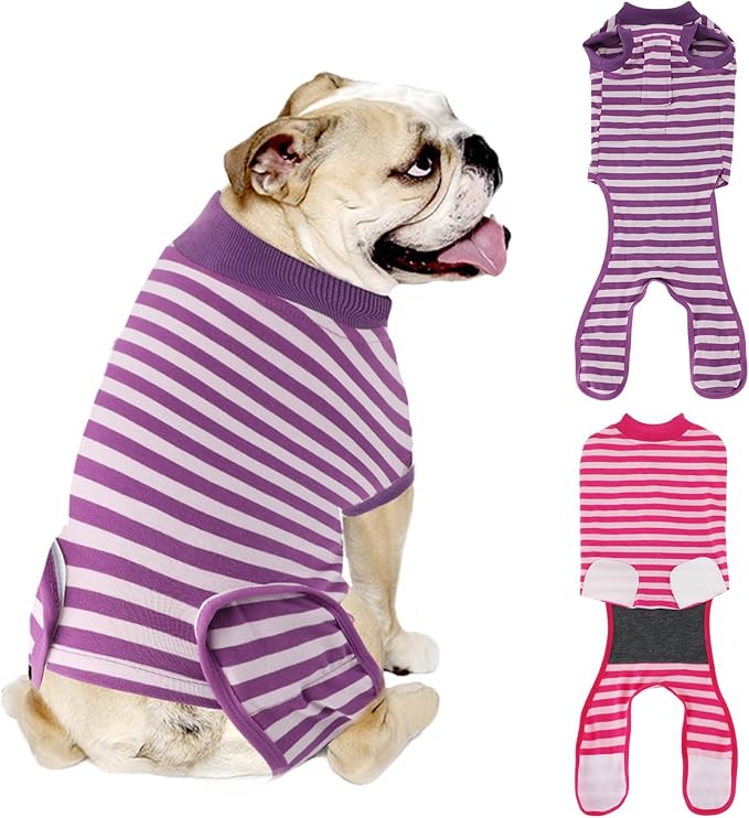 2 Packs Breathable Cotton Dog Recovery Suit for After Neuter Spay Abdominal Wounds Protector, Professional Anti-Licking Onesies for Male Female Pets Surgery Bandages, L Purple & Pink Stripes