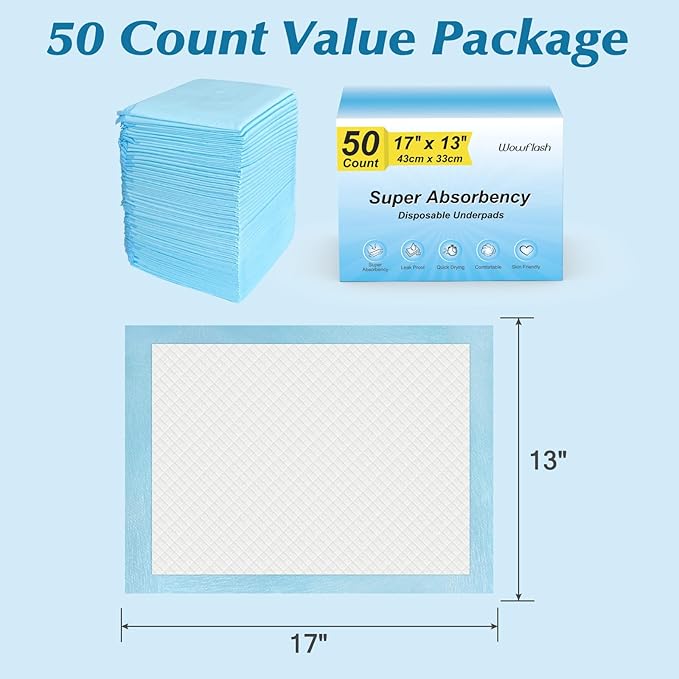 Super Absorbency Disposable Diaper Pads for Baby, Puppy and Adults, Disposable Changing Underpads for Baby, 50 Count, 17” x 13''