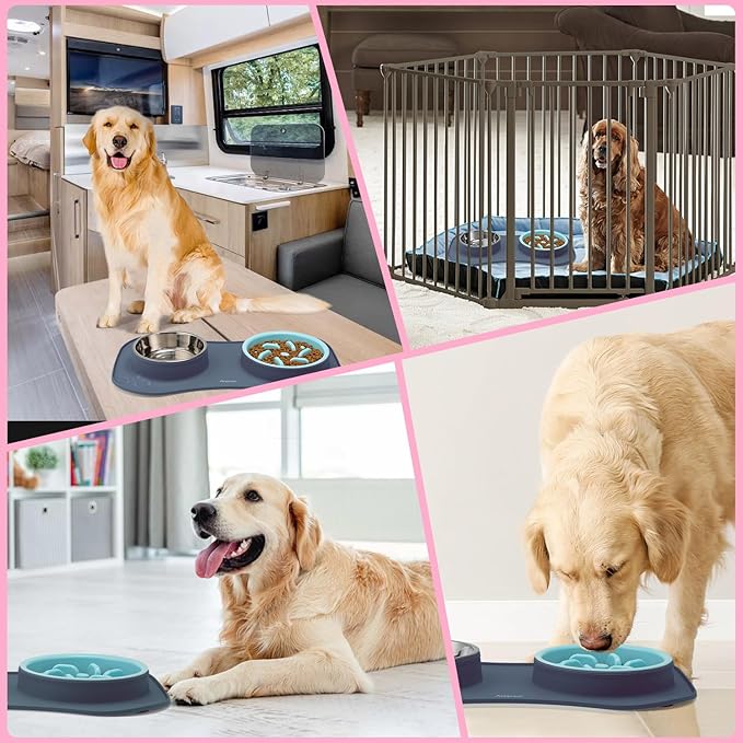 Anipaw Slow Feeder Dog Bowls 3 in 1 Stainless Steel Dog Food and Water Bowls with Non-Spill and Non-Skid Silicone Mat to Slow Down Eating for Large Medium Small Breed Size Dogs and Cats (Light Grey)
