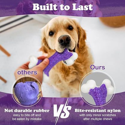 Kseroo 2-Pack Indestructible Dog Toys for Aggressive Chewers: Bacon Flavored Hard Nylon Bone Chew Toys, Tough Dog Chew Toys for Large Dogs, Dog Toys to Keep Them Busy for Medium Large Breed, Purple