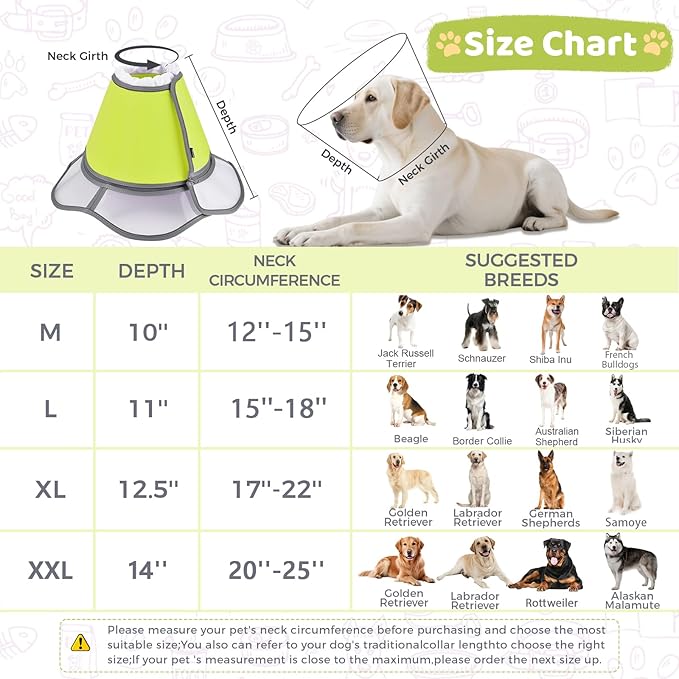 Soft Dog Cone Collar After Surgery Recovery,Adjustable E-Collar with Removable Shield,Lightweight,Breathable Anti-Licking Protective Cone for Large,Medium,Small Pets (Neon Green, M (Neck:12''-15''))