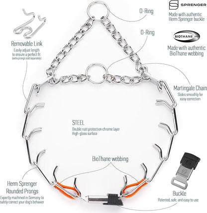 Herm Sprenger Chrome Plated Steel Dog Collar with Quick Release ClicLock Buckle O-Ring Biothane Insert Training Collar Made in Germany (Hunter Orange, 22in x 3.0mm(Neck Size up to 18-19in))