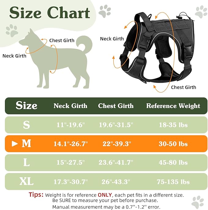 VavoPaw Heavy Duty Tactical Dog Harness for Large Dogs, No Pull Adjustable Pet Harness Reflective Service Training Easy Control Pet Vest Military K9 Working Dog Harnesses, Black, M
