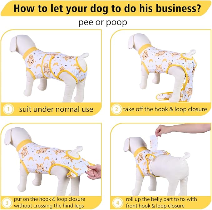 PetWarm Dog Surgical Suit, Recovery Suit for Dogs After Surgery, Collars and Cones Alternative Dog Abdominal Wounds Bandages, Onesies for Dogs, Monkey Pattern, Yellow, 2XL