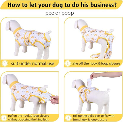 PetWarm Dog Surgical Suit, Recovery Suit for Dogs After Surgery, Collars and Cones Alternative Dog Abdominal Wounds Bandages, Onesies for Dogs, Monkey Pattern, Yellow, 2XL